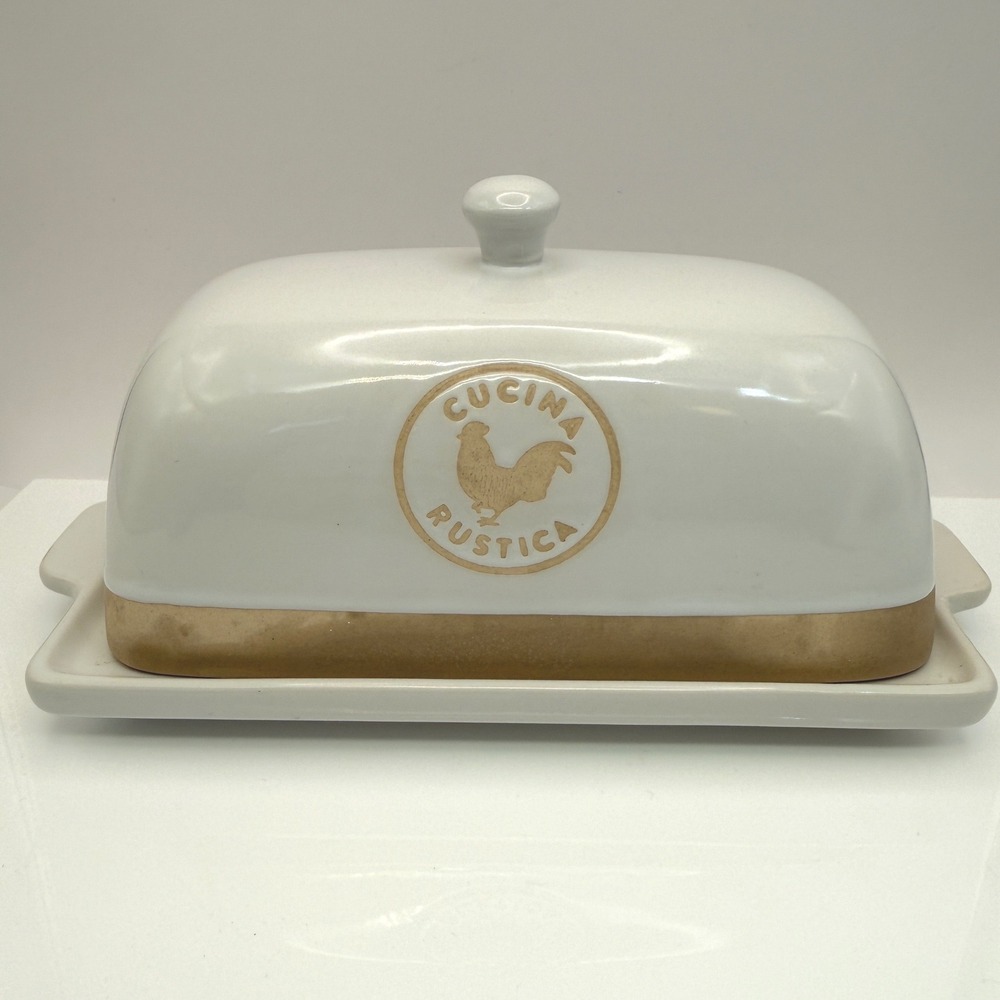 Sur‎ La Table Cucina Rustica Stoneware Butter Dish Rooster White Tan